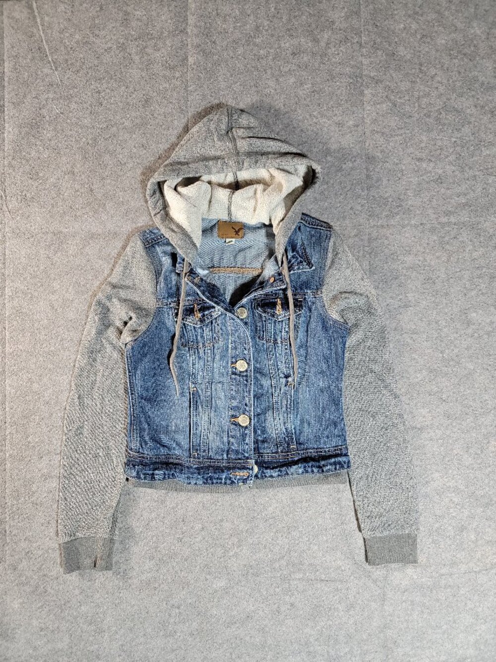 American Eagle Denim & Grey Fleece Hooded Hybrid Jacket Womens Size XS